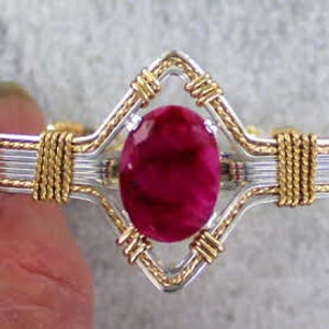 Red Ruby Gemstone Bracelet -  Sterling Silver  - 14kt Rolled Gold -- size  6 to 8 -  Wire Wrapped - Bangle bracelet-