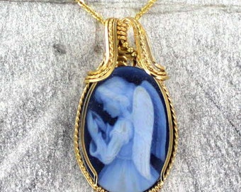 Blue Agate  Angel Cameo  Necklace -  14kt Rolled Gold - Carved In Germany - Gift For Her- 18x25 MM- With Chain