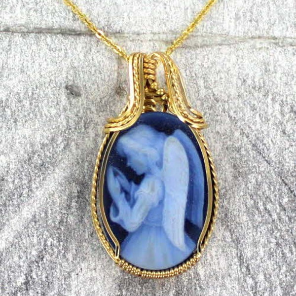 Blue Agate  Angel Cameo  Necklace -  14kt Rolled Gold - Carved In Germany - Gift For Her- 18x25 MM- With Chain