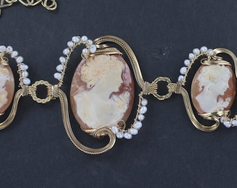 Wedding Jewelry - Antique Shell  Cameo Pendant - Carved in Italy  in 14kt. Rolled Gold ----wire wrapped -  - Cameo Jewelry - With Pearls