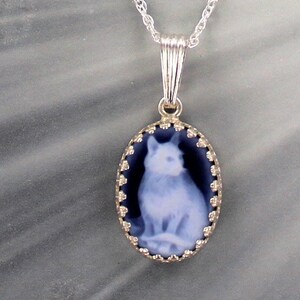 Blue Agate Cat Cameo Necklace  In Sterling Silver Setting  - ---With Chain - Carved in Germany -- - Gift For Her