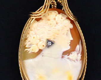 Antique Diamond Cameo  Necklace  -  14kt Rolled Gold,  Wire Wrapped, Hand Carved Cameo