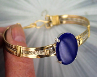 Lapis Lazuli Bracelet in  Sterling Silver   and 14kt Rolled Gold size  6 to 8  Wire Wrapped, Bangle bracelet, gemstone bracelet