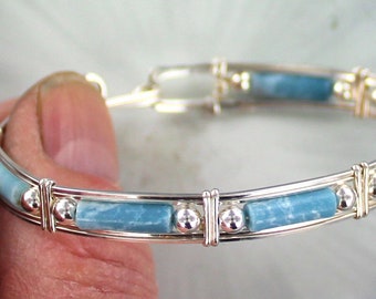 Larimar Gemstone Bracelet - Sterling Silver -- size  6 to 8 -  Wire Wrapped - Bangle bracelet-   Gemstone Bracelet