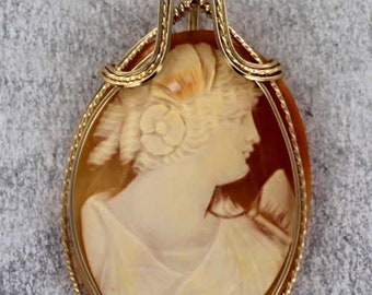 Vintage Antique Shell Cameo Necklace  -  14kt Rolled Gold Setting -   Wire Wrapped - Gift For Her