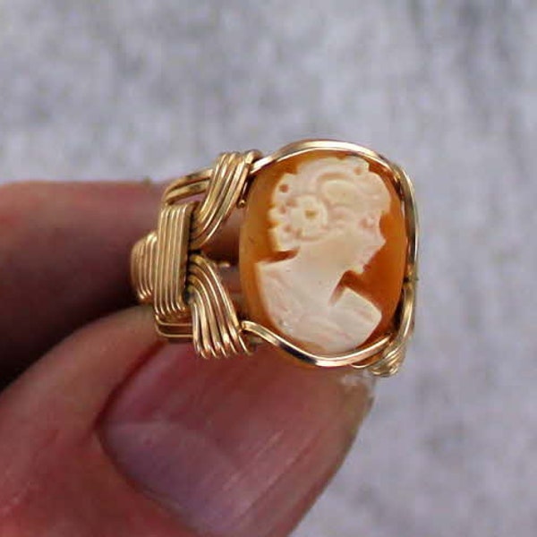 Antique  Shell Cameo Ring in 14kt Rolled Gold --- Gold Cameo Ring - --- Made to order ---- Size 5 to 15 - Wire Wrapped