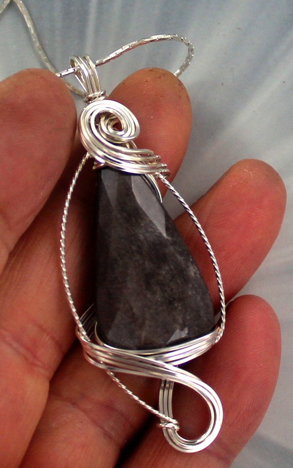 Silver Obsidian    Pendant Burns Silver With Chain Wire Wrapped Sterling Silver Gift For Her