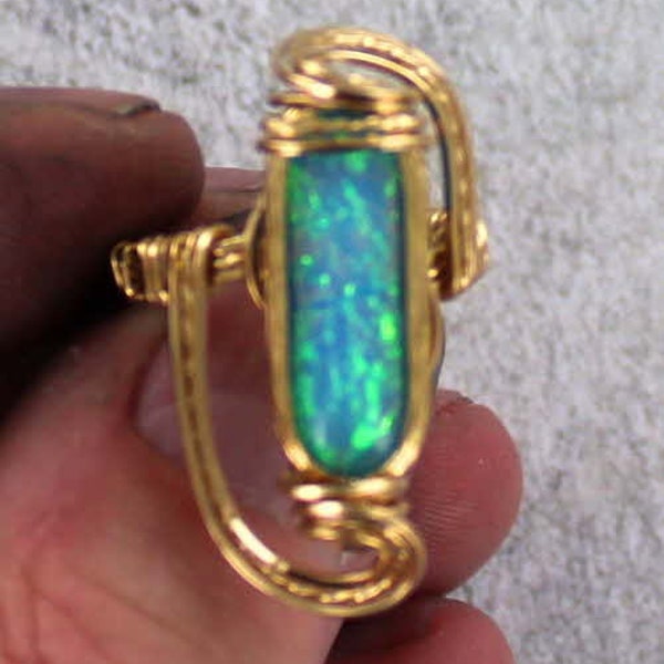 Opal Ring In  14kt Rolled Gold -- Wire Wrapped -- Man Made Opal - Gift for her