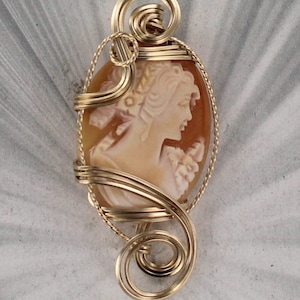 Vintage Antique Shell Cameo Pendant Necklace in 14KT Rolled Gold Setting Wire Wrapped image 1