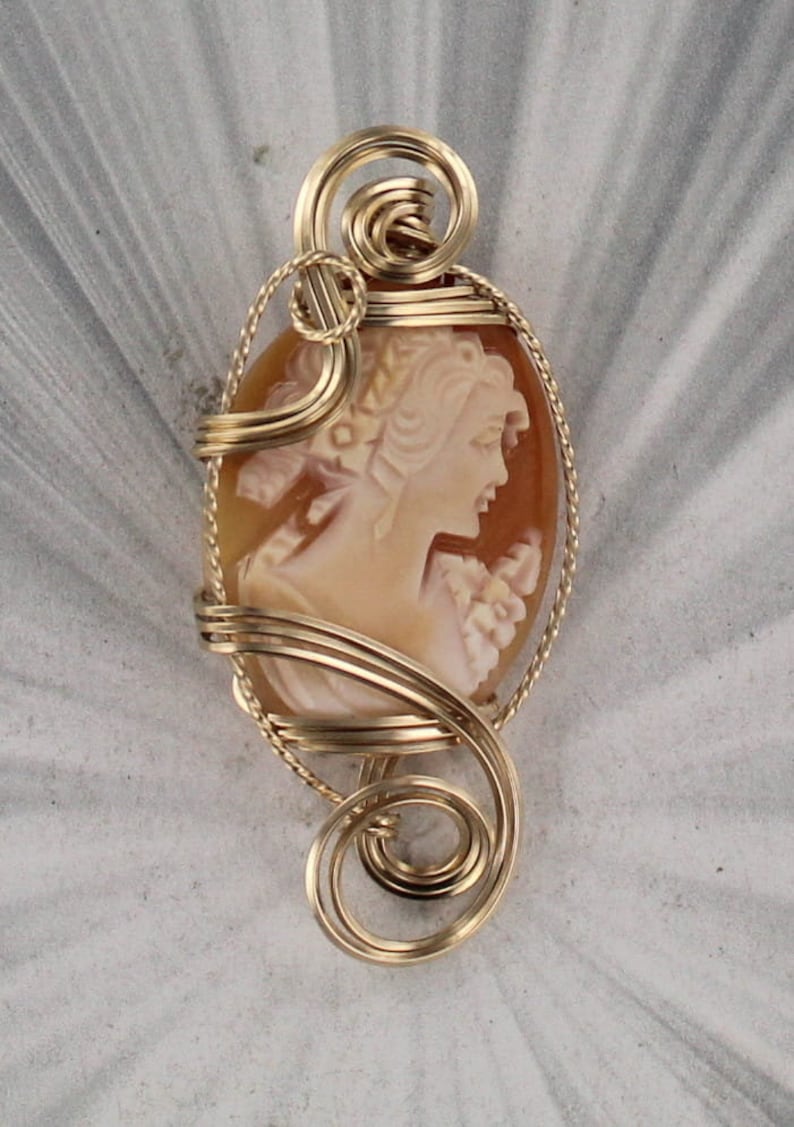 Vintage Antique Shell Cameo Pendant Necklace in 14KT Rolled Gold Setting Wire Wrapped image 1