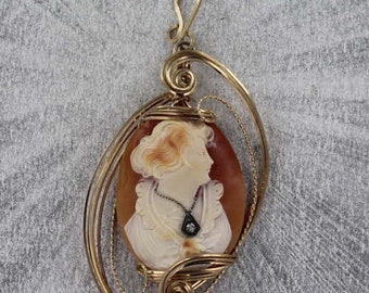Large Vintage Antique Shell Cameo Pendant Necklace  Carved  -  in 14kt. Rolled Gold   -----Wire Wrapped