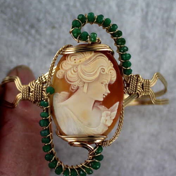 Vintage - Hand Carved Shell   Cameo Bracelet - With  Emeralds  - 14kt Rolled Gold - Wire Wrapped - Size  6 to 8