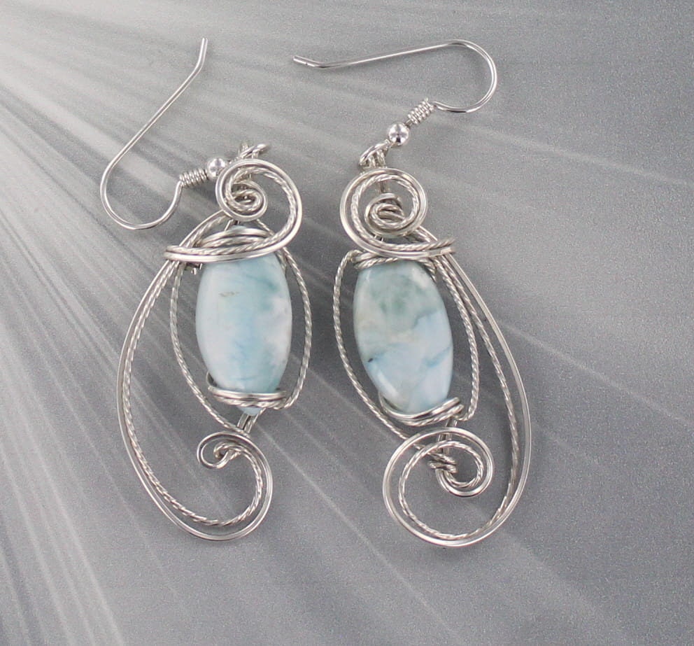 Pendientes de piedras preciosas Larimar - Alambre envuelto - Plata Stirling - - Alambre envuelto - Regalo para ella