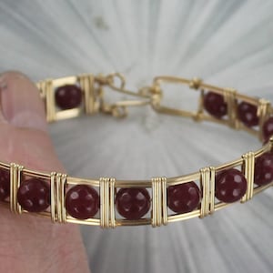 Red Ruby  Bracelet   - 14kt Rolled Gold -- size  6 to 8 -  Wire Wrapped - Bangle bracelet-   Gemstone Bracelet - CufF