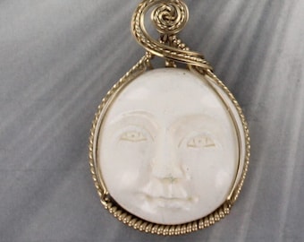 Cameo Pendant  in 14KT Rolled Gold  Setting - Wire Wrapped - Moon Face Cameo