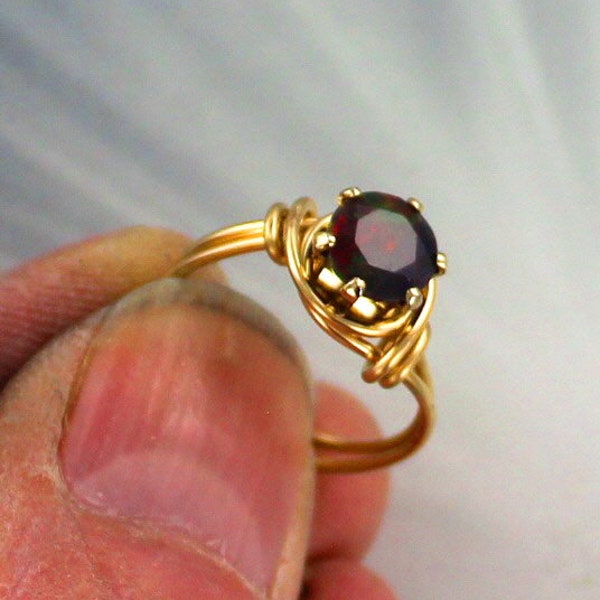Black Opal Ring In  14kt Rolled Gold   -- Wire Wrapped -- Red Fire   - Gift for her - Opal Jewelry