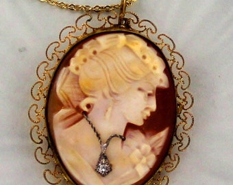 Shell Antique Vintage Cameo Pin and Pendant  in 14kt Rolled  Gold Hand Carved  in Italy