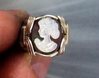 Vintage Antique Shell Cameo Ring in Sterling Silver  Made to order ---- Size 5 to 15 -- Wire Wrapped