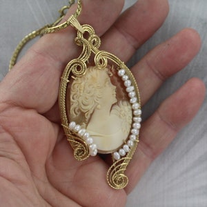 Antique Shell Cameo Pendant and Earrings Carved in Italy in 14kt. Rolled Gold wire wrapped Cameo Jewelry With Pearls image 2