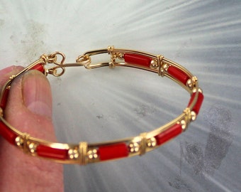 Red Coral   Bracelet - 14kt Rolled Gold -  Size  6 to 8  - Wire Wrapped - Bangle Bracelet - Gemstone bracelet - Hand Crafted - Red Bracelet