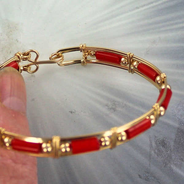 Red Coral   Bracelet - 14kt Rolled Gold -  Size  6 to 8  - Wire Wrapped - Bangle Bracelet - Gemstone bracelet