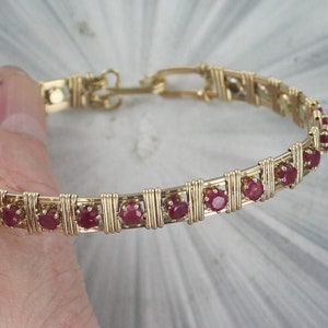 Natural   Garnet  Gemstone Bracelet   - 14kt Rolled Gold -- size  6 to 8 -  Wire Wrapped - Bangle bracelet-   Gemstone Bracelet