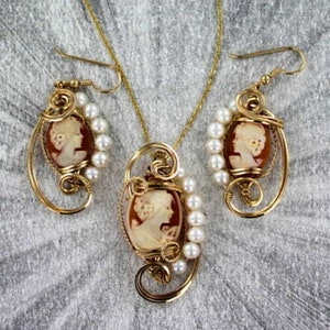 Vintage Cameo Earrings With Pearls ---Carved In Italy -  Wire Wrapped In 14kt rolled gold