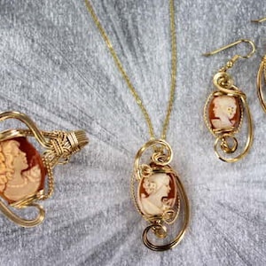 Antique  Carved Shell  Cameo Set includes Pendant, Earrings, and Bracelet size 6 to 8