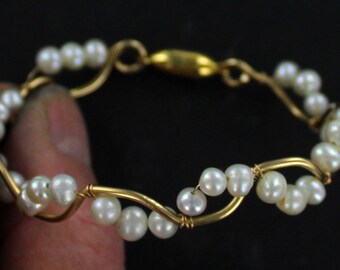 Pearl Bracelet in 14kt Rolled Gold,  Wire Wrapped, Cultured Pearl Bracelet - Only size 7 inch bracelet for 6-1/2 inch wrist