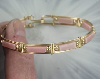 Pink Opal  Bracelet - 14kt Rolled Gold  -  Size  6 to 8  - Wire Wrapped - Bangle Bracelet - Gemstone bracelet