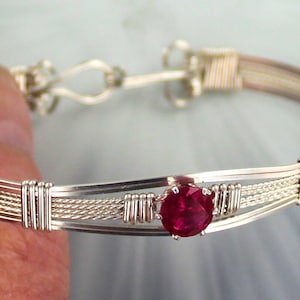 Lab Created Red Ruby Gemstone Bracelet -  Sterling Silver   -- size  6 to 8 -  Wire Wrapped - Bangle bracelet-   Gemstone Bracelet