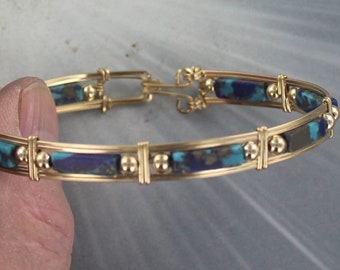 Lapis Lazuli And Turquoise   Bracelet  - 14kt Rolled Gold -  Size  6 to 8  - Wire Wrapped - Bangle Bracelet - Gemstone bracelet