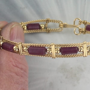Red Ruby Gemstone Bracelet   - 14kt Rolled Gold -- size  6 to 8 -  Wire Wrapped - Bangle bracelet-   Gemstone Bracelet