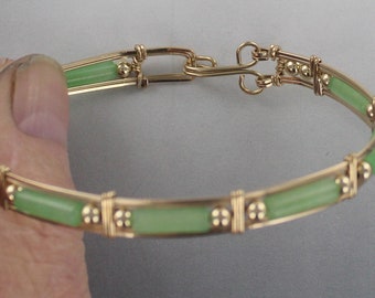 Jade Gemstone Bracelet in 14kt Rolled Gold -   size  6 to 8  Wire Wrapped, Bangle bracelet, gemstone bracelet