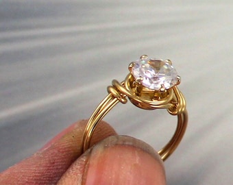 Cubic Zirconia    Ring -  14kt Rolled Gold  ---- Lab Created -  Made To Fit ------ Size 5 To 15 -  Wire Wrapped - cz