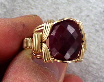 Ruby Ring -  14kt Rolled Gold-  Made To Fit -  Size 5 To 15 - Wire Wrapped - Gift For Her