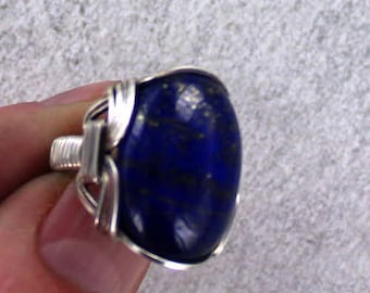Large Lapis Lazuli Ring - Sterling Silver  - Sizes 5 to 15  -- Wire Wrapped