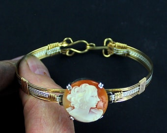 Vintage Hand Carved Shell   Cameo Bracelet - 14kt Rolled Gold - Wire Wrapped - Size  6 to 8 - Cameo Jewelry