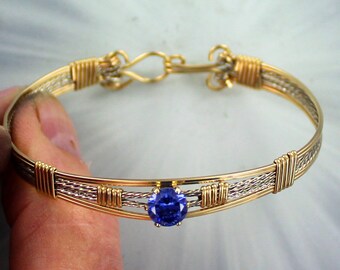 Lab Created  Tanzanite   Gemstone Bracelet -  Sterling Silver  and 14kt Rolled Gold - size  6 to 8 -  Wire Wrapped - Bangle bracelet