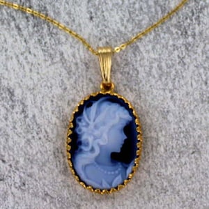 Blue Agate  Cameo  Necklace -  14kt Rolled Gold - Carved In Germany - Gift For Her- 18x25 - With Chain