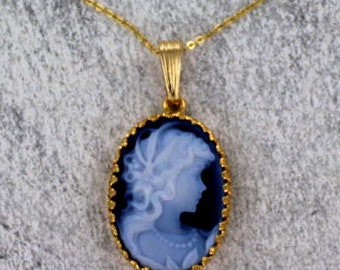 Blue Agate  Cameo  Necklace -  14kt Rolled Gold - Carved In Germany - Gift For Her- 18x25 - With Chain