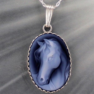 Blue Agate Cameo Necklace  In Sterling Silver -Horse Cameo  - With Chain - Carved in Germany -- - Gift For Her