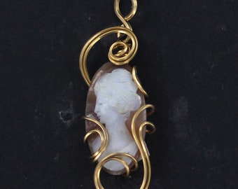 Antique Cameo  Necklace  In 14kt Rolled Gold,  Wire Wrapped, Hand Carved Cameo