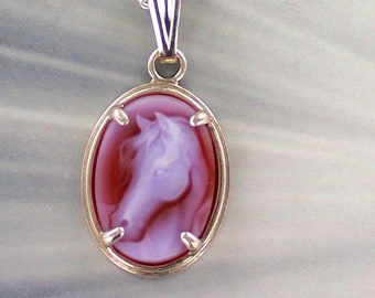 Red Agate Cameo - Necklace -  Sterling Silver - Carved In Germany ---Horse Cameo - With Chain