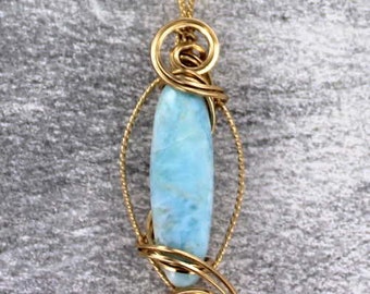 Himalayan Turquoise  Gemstone  Necklace  - Pendant  - Wire Wrapped -  14kt  Gold Wire Wrapped - Gift For Her
