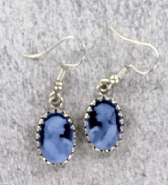Blue Agate Cameo Earrings Carved in Germany Sterling Silver