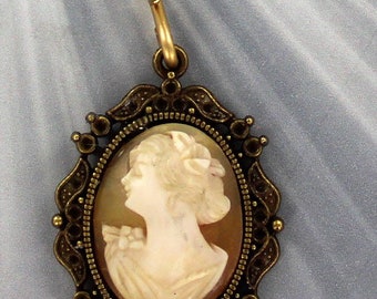 Vintage Antique Shell Cameo Pendant -   Carved in Italy  - Bronze  - Cameo Jewelry