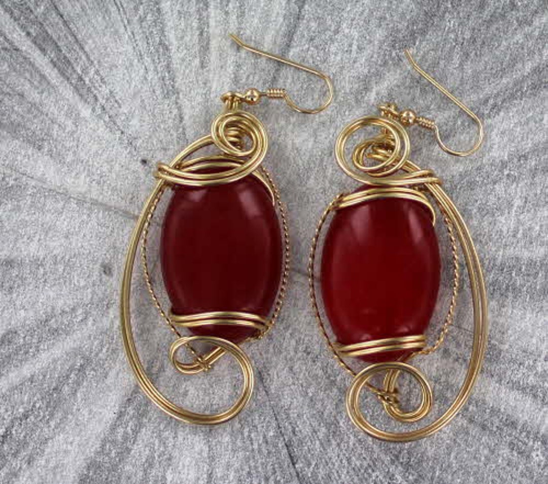 Red Jade Earrings 14kt Rolled Gold Wire Wrapped Gift for Her Etsy