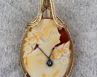 Vintage Antique Diamond Cameo Pendant Necklace - Shell -  14KT Rolled Gold  Setting --  Wire Wrapped- Gift For Her