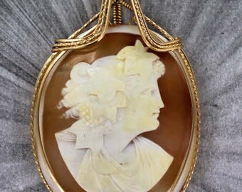 Vintage Antique Shell Cameo Pendant Carved in Italy  in 14kt. Rolled Gold -----Wire Wrapped Necklace